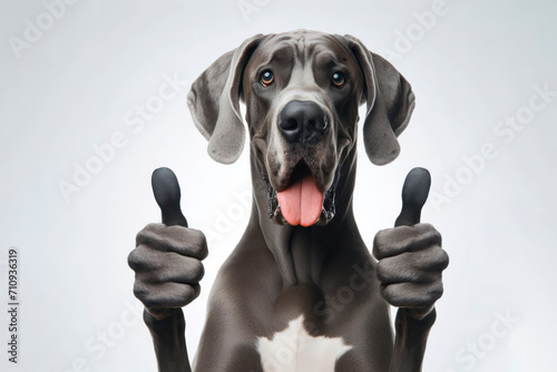 Portrait of a Great Dane dog thumbs up on a solid white background. ai generative
