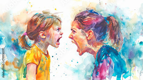 Abusive mother illustration, bad mother scream, victim child, despotic parent, psychological violence abuse. photo