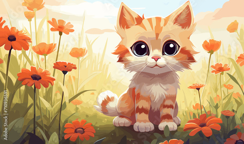 cute cat sitting on field of flowers  animal feline cartoon illustration