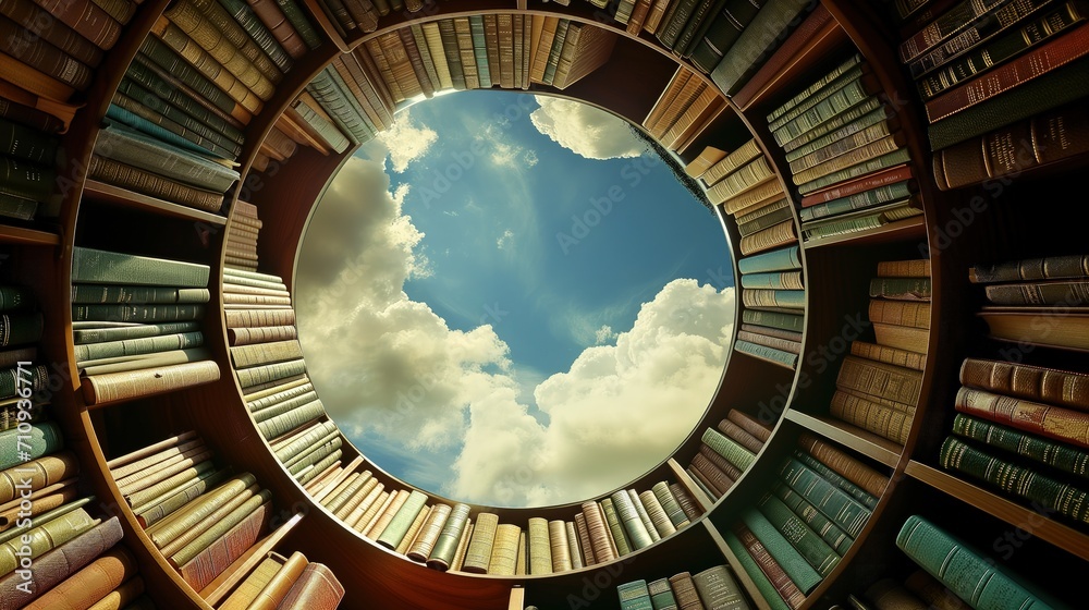 Fototapeta premium A Circular View of a Library Filled With Books
