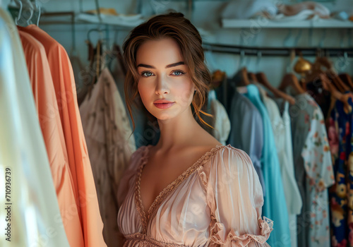 Serene Moment: Young Woman Contemplating Elegant Dresses in Home Wardrobe. Soft girl concept