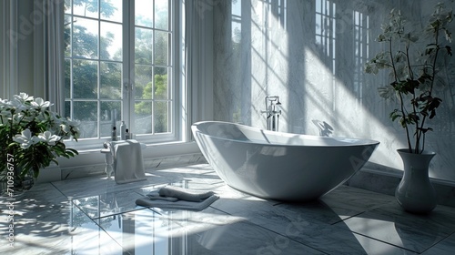 large bright bathroom with a large panoramic window and a mirror in gray tones
