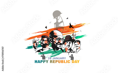 Vector illustration of India republic day tricolor patriotic background. Indian Army people remembering, saluting, martyrs and Indian freedom fighter.