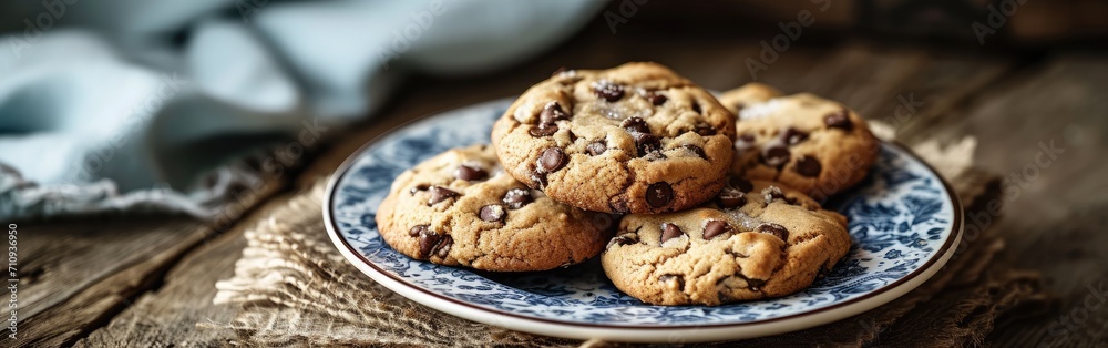 Plate of Chocolate Chip Cookies on Wooden Table Plate of Chocolate Chip Cookies on Wooden Table