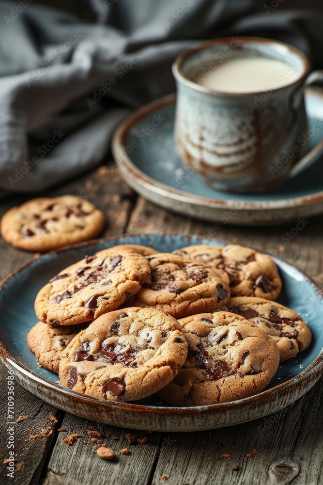 Plate of Chocolate Chip Cookies and Coffee Cup Plate of Chocolate Chip Cookies and Coffee Cup