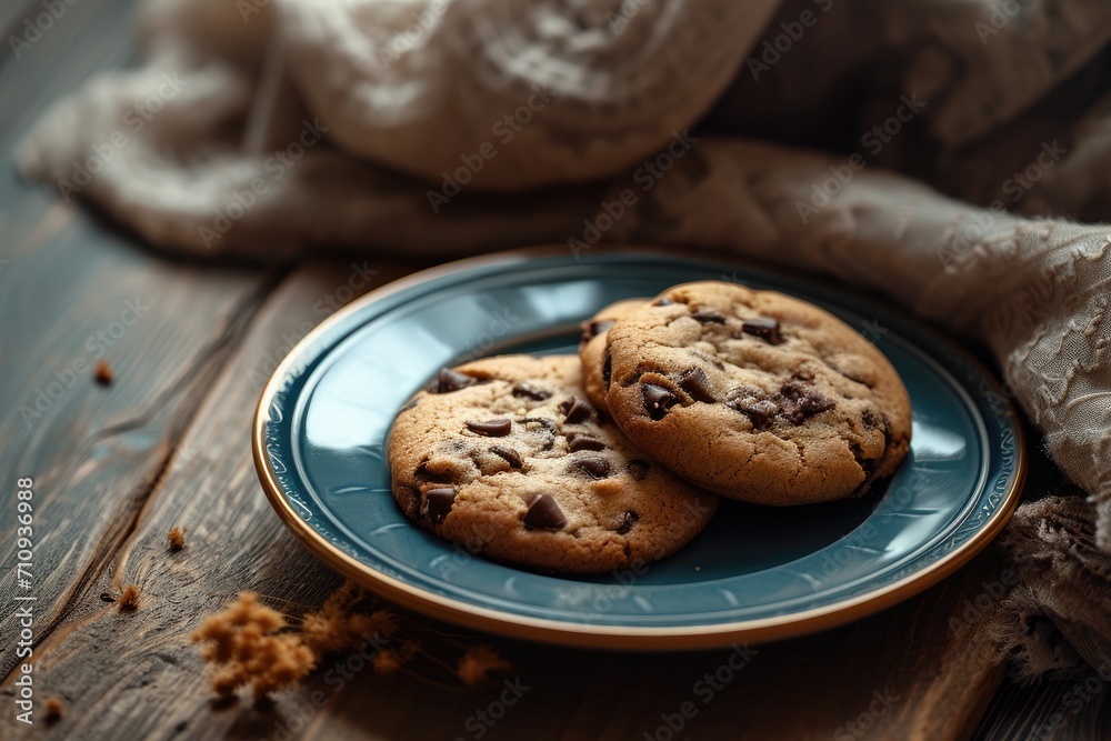 Two Chocolate Chip Cookies on a Blue Plate Two Chocolate Chip Cookies on a Blue Plate