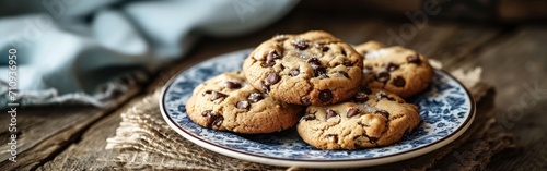 Plate of Chocolate Chip Cookies on Wooden Table