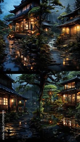 Tranquil Rainy Night in a Japanese Village