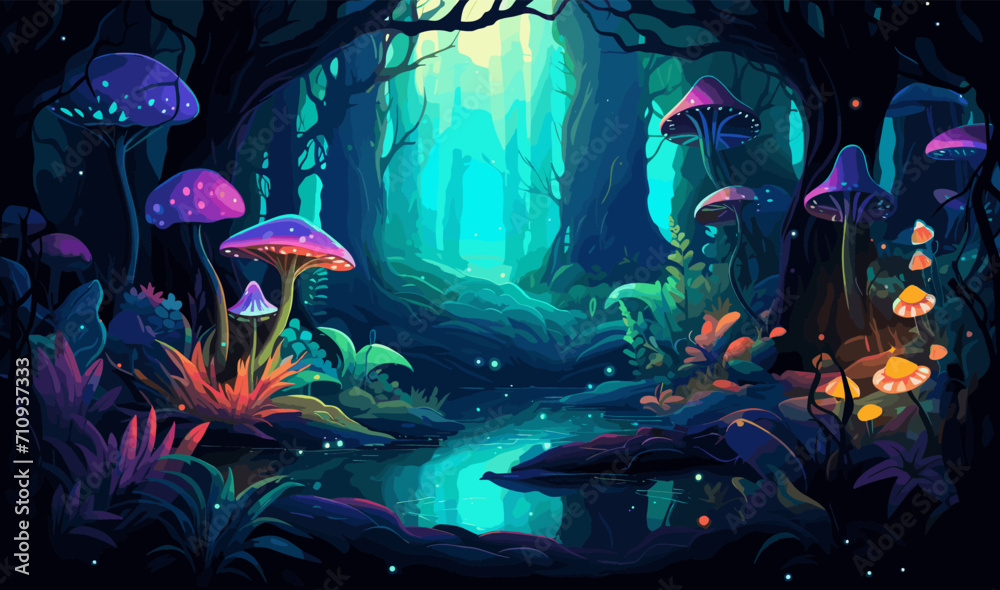 mystical forest with bioluminescent plants vector isolated illustration - obrazy, fototapety, plakaty 