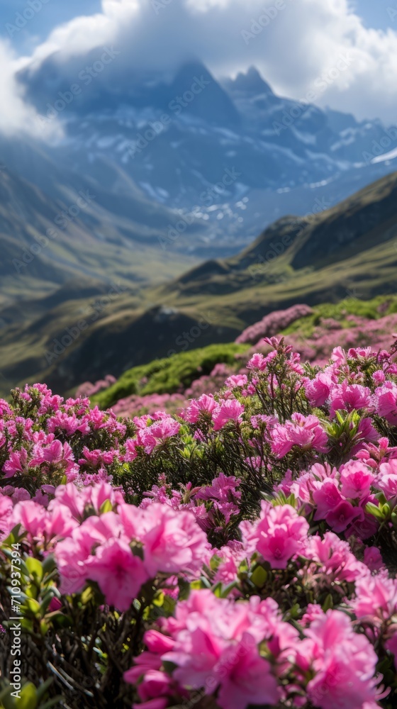 Vibrant Pink Flowers Surrounding Majestic Mountain in a Wide Open Field