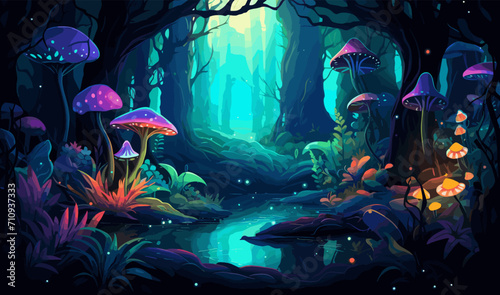 mystical forest with bioluminescent plants vector isolated illustration photo