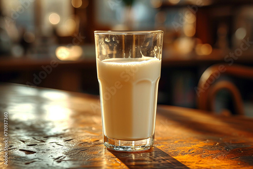 glass of milk on the table in the kitchen