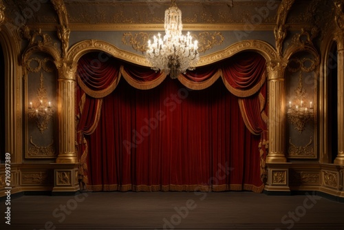 An empty opera theatre stage, anticipating a performance, wallpapper background