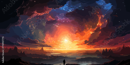 The man looking at a strange rainbow light rise in front of him.  digital art style  illustration painting
