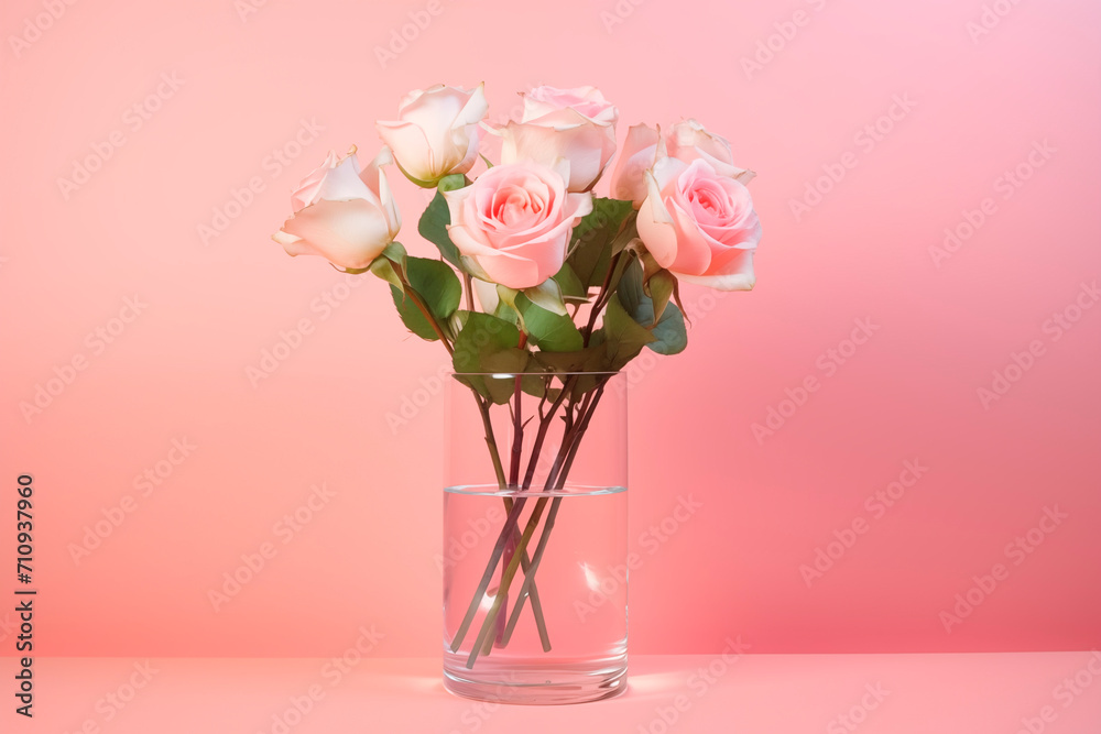 Beautiful bouquet of pink roses in glass vase on pink background. greeting card for Valentine's day, mother's day, women's Day card. Beautiful bouquet of pink roses in glass vase on pink background. greeting card for Valentine's day, mother's day, women's Day card.