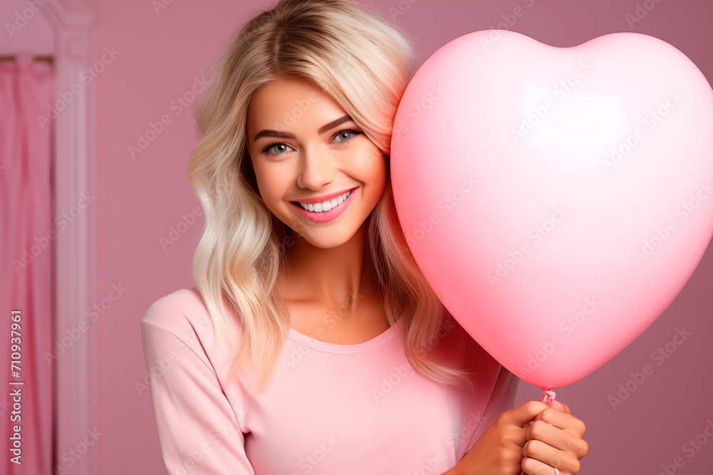 Portrait pretty happy smiling woman with air balloons heart shape on pink background. Woman on Valentine's Day. Symbol of love. Portrait pretty happy smiling woman with air balloons heart shape on pink background. Woman on Valentine's Day. Symbol of love.