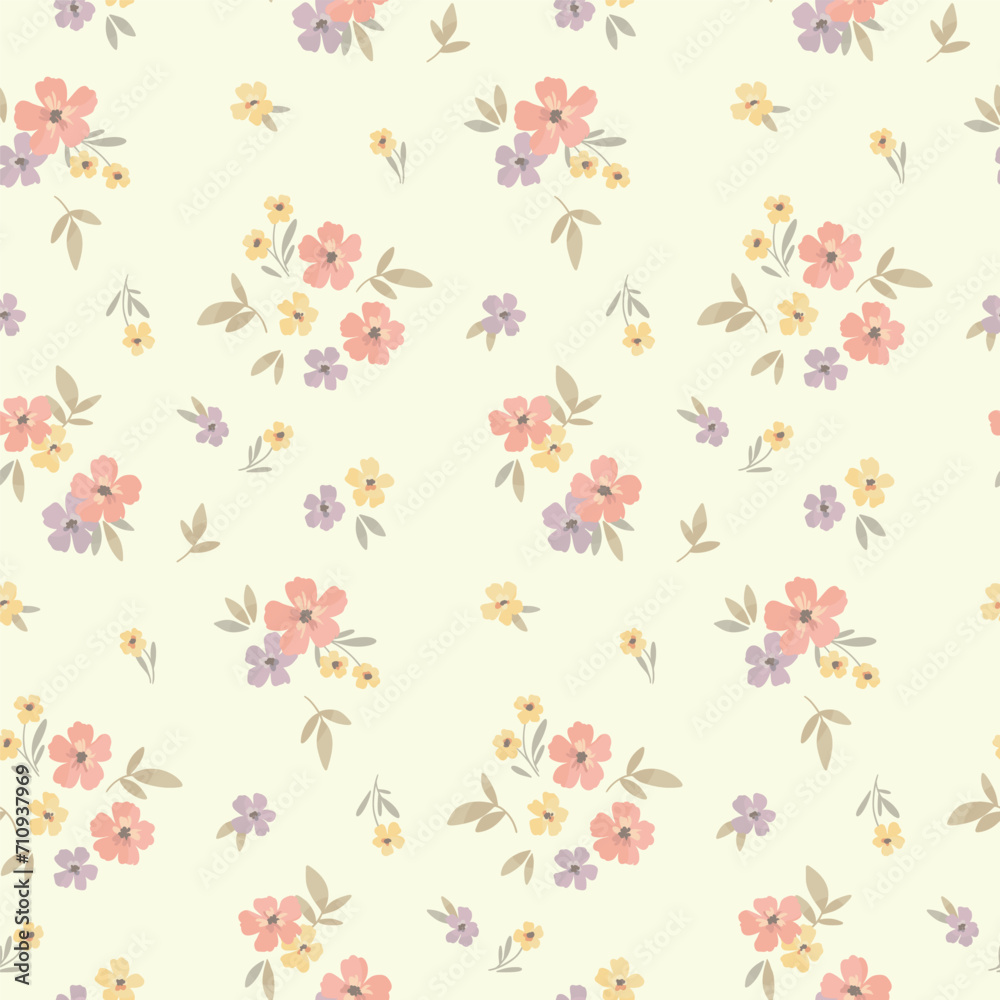 Seamless floral pattern, liberty ditsy print of mini pretty bouquets. Cute botanical design: small hand drawn flowers, tiny leaves in an abstract composition on a light background. Vector illustration