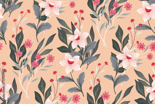 Seamless floral pattern, romantic flower print in a delicate vintage motif. Botanical design: hand drawn wild flowers, leaves in an abstract composition on a pink background. Vector illustration. photo