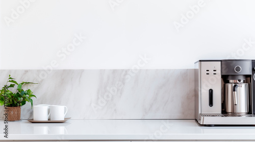 Coffee machine on white table in modern kitchen. modern kitchen appliances.