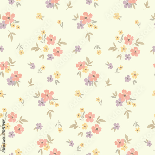 Seamless floral pattern, liberty ditsy print of mini pretty bouquets. Cute botanical design: small hand drawn flowers, tiny leaves in an abstract composition on a light background. Vector illustration