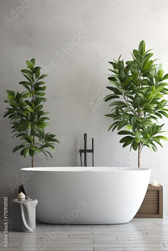 Bathroom interior with a bathtub and two trees