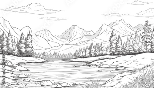 Landscape with mountain river lake forest, outline drawing vector scenery panorama