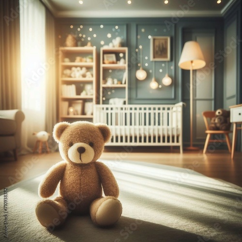 Teddy bear in a bedroom scene in the blurred background