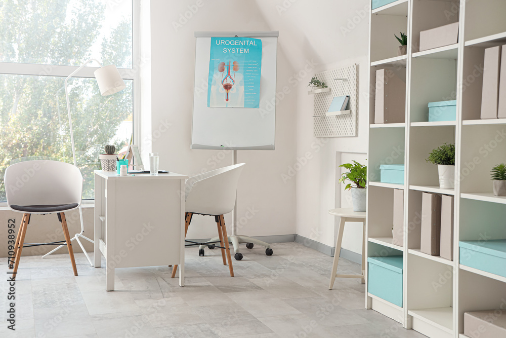 Fototapeta premium Interior of light medical office with workplace and flipchart