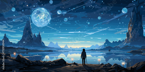 boy standing and looking at the magic rocks floating in the sky, vector illustration