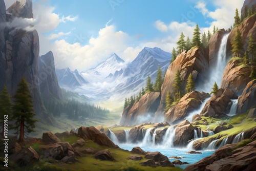 majestic mountain landscape with waterfalls and greenery
