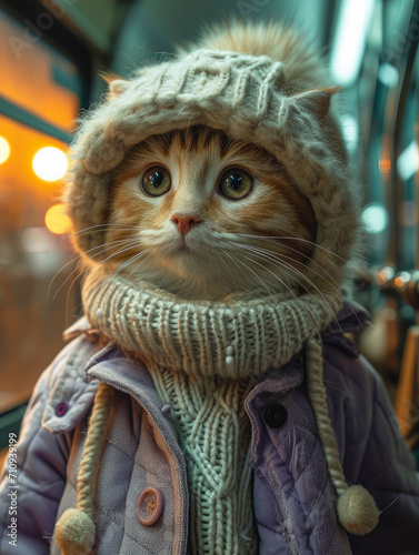Beautiful cat dressed in knitted woolen clothes generative ai