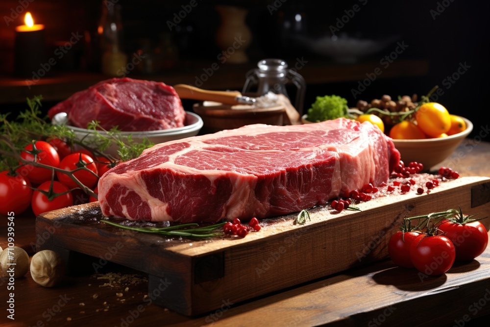 Fresh and juicy raw beef steak on a wooden cutting board