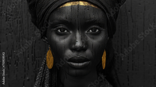Beauty fantasy african woman face, gold jewelry. photo