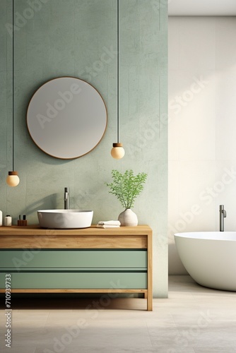 Bathroom interior with green walls and freestanding bathtub