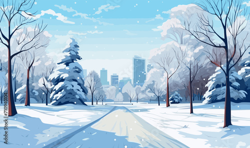 Winter Snowscape in City Park vector simple 3d isolated illustration