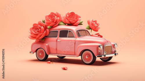  Greeting card, retro car delivering flowers, holiday mood concept, Women's Day, pink background with copy space