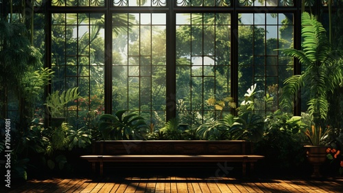 A jungle house with large glass windows, capturing the mesmerizing play of sunlight and shadows within the dense foliage -Generative Ai