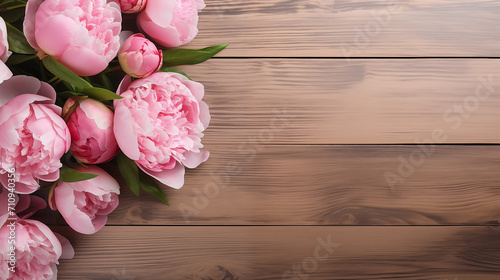 Bouquet of peonies on wooden background with copy space as greeting card concept for Women's Day  © Рита Конопелькина