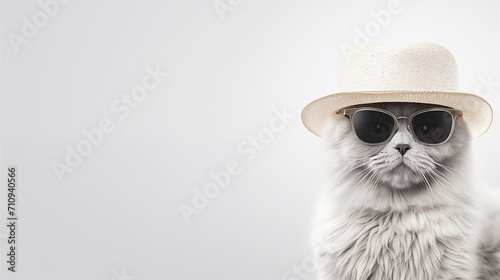 Cat in sunglasses and a hat on a light white background  copy space  pet store advertising