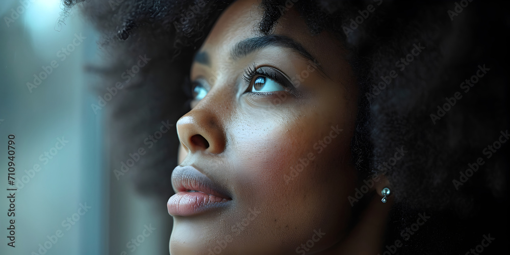 Black History Month banner with african-american woman portrait in profile over red yellow green black colors background. Juneteenth Freedom Day Celebration, african liberation day concept.