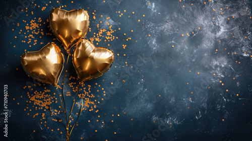 Generative AI, Foil golden balloons in heart shape and confetti for Valentine's day or wedding with copy space	
 photo