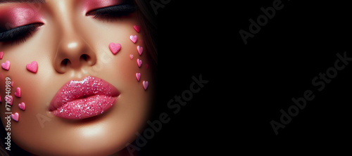 Valentine Heart Kiss on the Lips. Makeup. Beauty Lips with Heart Shape paint. Valentines Day. Beautiful Love Make-up.