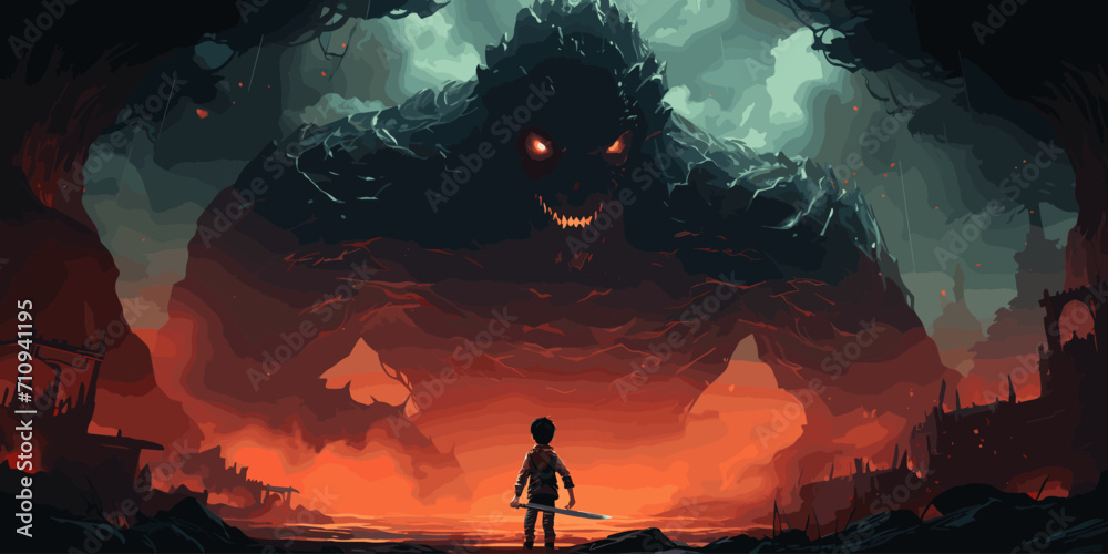 a boy with a sword fighting an evil giant, digital art style, illustration painting