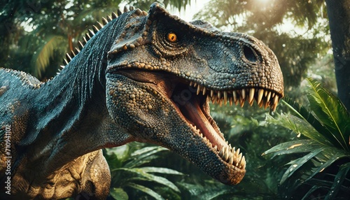 Dinosaurio T-Rex en medio de una selva. Amenazante y salvaje. Generado con IA