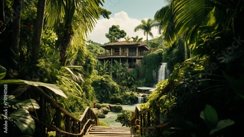 A jungle retreat with a winding pathway leading to a modern villa  perfectly harmonizing with the vibrant greenery surrounding it -Generative Ai