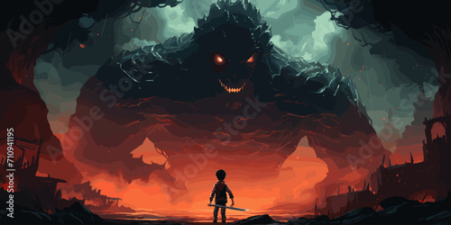 a boy with a sword fighting an evil giant, digital art style, illustration painting