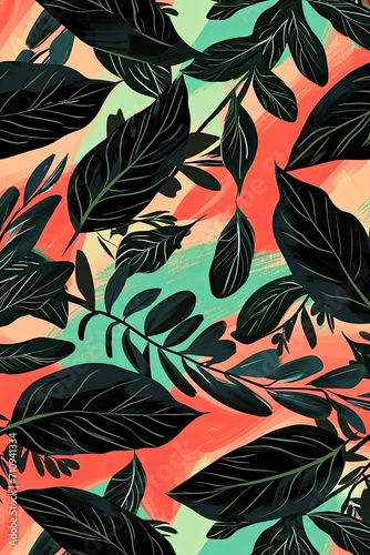 Pattern of Leaves on Pink and Green Background