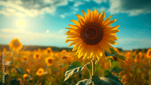 Close-up of a sunflower growing in a field of sunflowers during a nice sunny summer day with some clouds. Helianthus