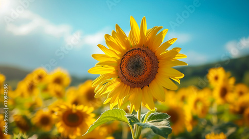 Close-up of a sunflower growing in a field of sunflowers during a nice sunny summer day with some clouds. Helianthus