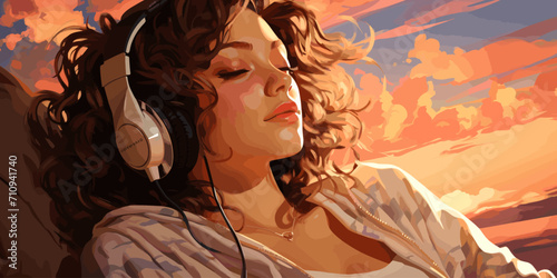 Lofi girl laying on the bed. Smooth atmosphere, hip hop. Soft colors, soft lights vector flat bright colors